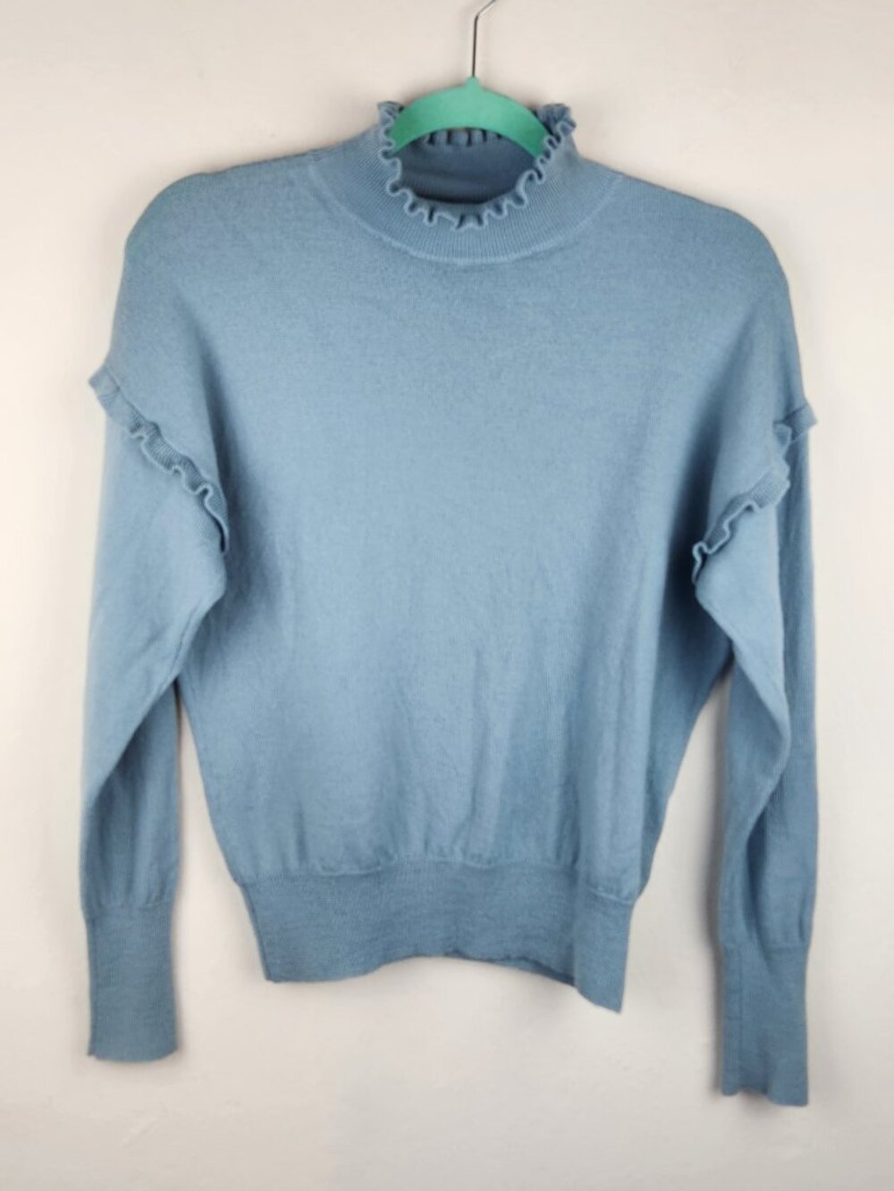 Rebecca Taylor 100% Merino Wool Ruffle Trim Mockneck Sweater Blue sz S *read*